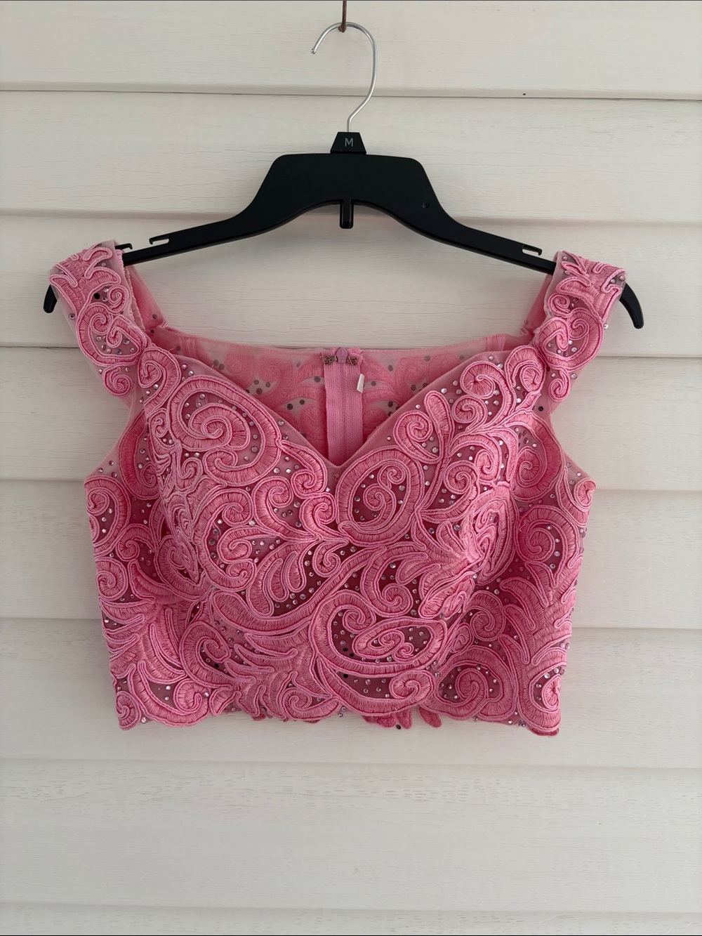 Ellie Wilde Mon Cheri Pink Embroidered Rhinestone Formal Crop Top Prom Homecomin